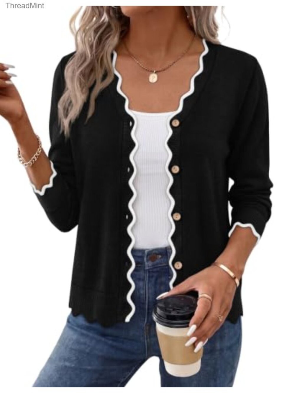 Women's V-Neck Button Front Knit Cardigan Long Sleeve Scalloped Trim Lightweight
